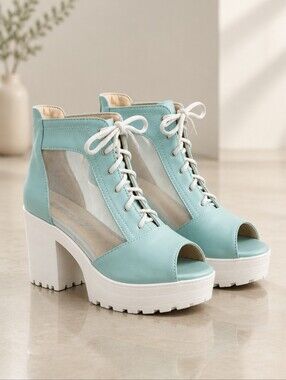 Wet Seal Platform Booties Lace-Up Open-Toe Chunky Heel Sandals in Soft Blue 6.5